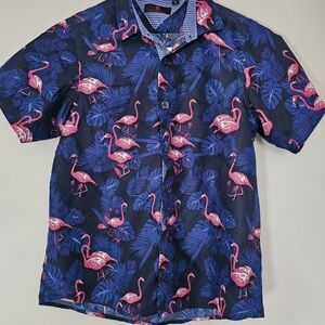 BC Collections Flamingo Print Navy Blue Button Down Shirt Kids Sz L